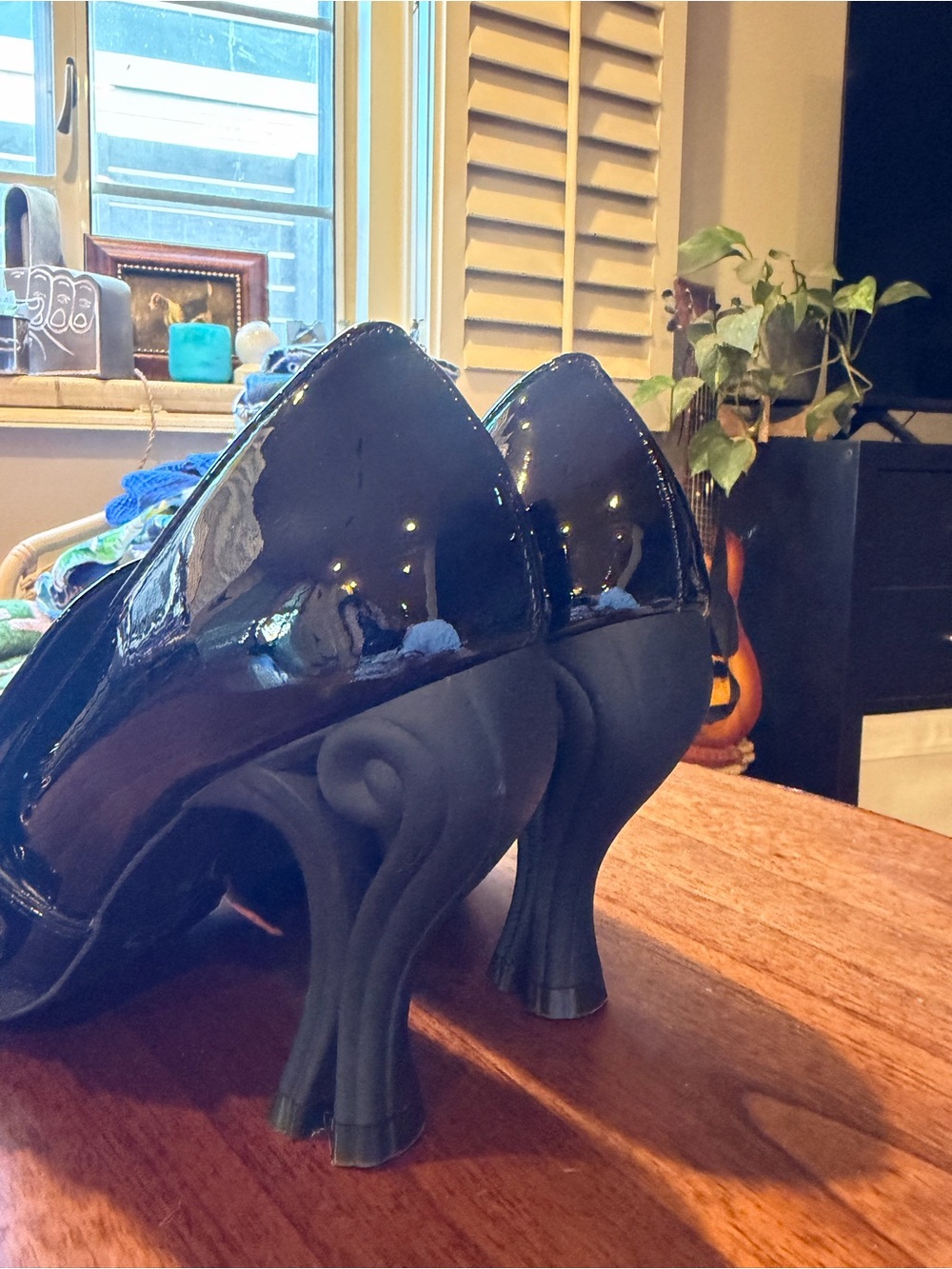 John Fluevog Black Patent & Velvet Fringe Pointed Heels with Buckle - Picture 3 of 7